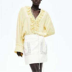 H&M Coated White Cream Bone Lace-Up Faux Leather Coated Mini Skirt